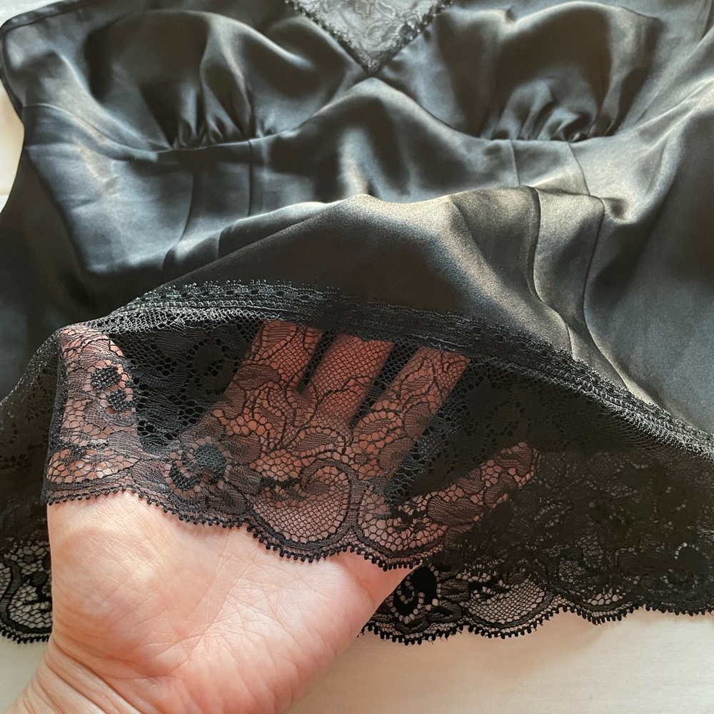 Vintage Black‎ Satin Lace Trim Babydoll Cami Small 6 Goth Classic Going Out Vamp - Picture 3 of 9